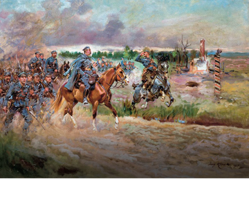 &bdquo;J&oacute;zef Piłsudski wkracza ze&nbsp;strzelcami na&nbsp;teren Kr&oacute;lestwa Polskiego&rdquo;, obraz Jerzego Kossaka.