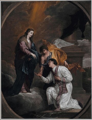 Święty Walenty odbierający r&oacute;żaniec z&nbsp;rąk Najświętszej Dziewicy, David Teniers, 1677 rok