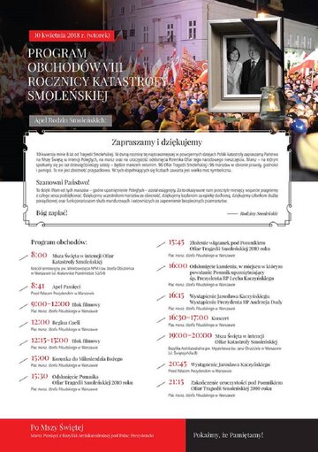 Program obchod&oacute;w VIII Rocznicy Katastrofy Smoleńskiej w&nbsp;Warszawie