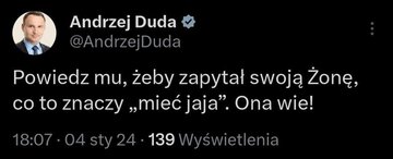Wpis prezydenta Andrzeja Dudy na&nbsp;portalu X