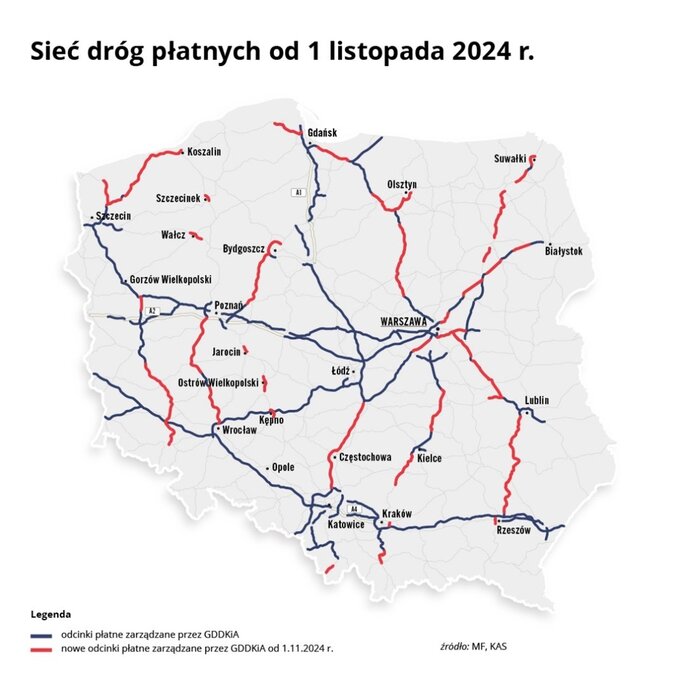 Sieć płatnych dróg w Polsce od 1 listopada 2024 r.