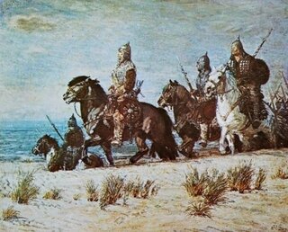 Bolesławowa drużyna, pocztówka na podstawie obrazu Michała Byliny, 1931 rok