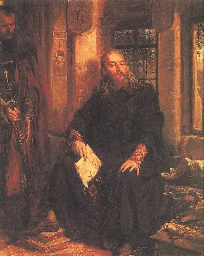 Jan Matejko „Władysław Biały w Dijon”, 1867 r., olej/ deska; wymiary 47 x 38 cm, Muzeum Uniwersytetu Jagiellońskiego w Krakowie