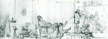 Jan Matejko, Autokarykatura rodziny Matejki:  Jan Matejko z&nbsp;paletą w&nbsp;ręku; żona w&nbsp;fotelu i&nbsp;dwoje dzieci (ok. 1872)