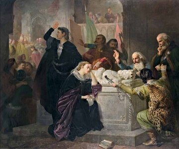 Kr&oacute;lowa Elżbieta Łokietk&oacute;wna i&nbsp;Maria (c&oacute;rka) przy grobie Ludwika Wielkiego (Węgierskiego). Mal. S&aacute;ndor Liezen-Mayer