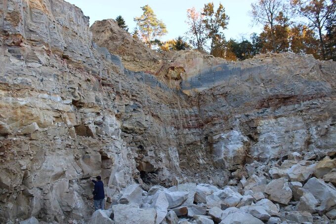 Ściana wyrobiska kopalni w Borkowicach. Warstwa z tropami dinozaurów występuje w spągu wyrobiska