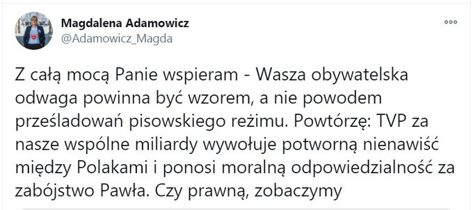 Wpis Magdaleny Adamowicz z Twittera