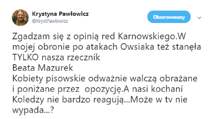 Wpis Krystyny Pawłowicz na&nbsp;Twitterze