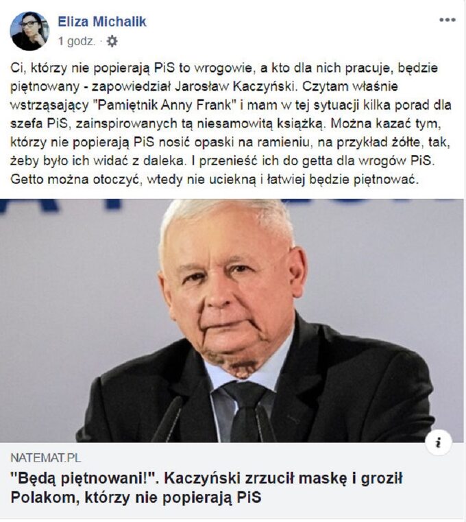 Dziennikarka Eliza Michalik skomentowała na Facebooku wtorkowe wystąpienie prezesa PiS Jarosława Kaczyńskiego.