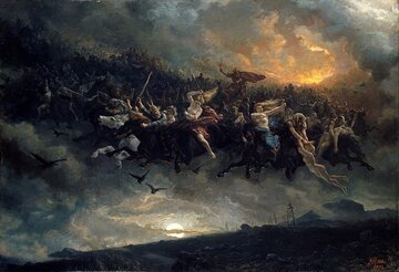 Mitologia nordycka: Odyn i&nbsp;Frigga w&nbsp;czasie Dzikiego Łowu. Mal.  Peter Nicolai Arbo (1872)