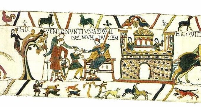 Fragment tkaniny z Bayeux. Posłaniec przychodzi do księcia Wilhelma
