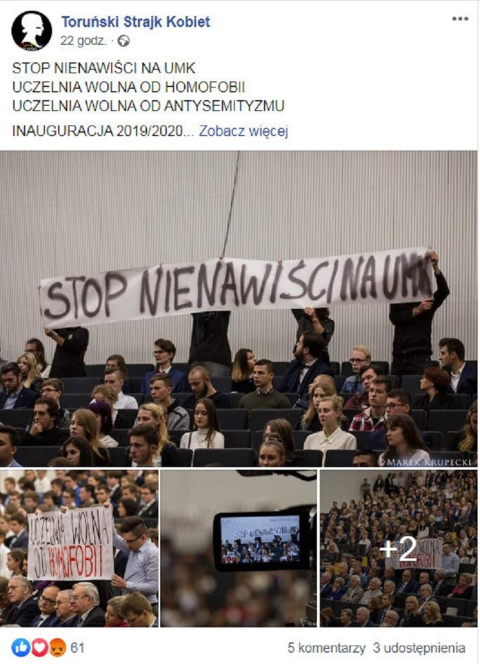 Rozpoczęcia roku akademickiego na Uniwersytecie Mikołaja Kopernika przerwała akcja Toruńskiego Strajku Kobiet. "Byliśmy dziś wyrzutem sumienia Uniwersytetu" – tłumaczą aktywiści w mediach społecznościowych.