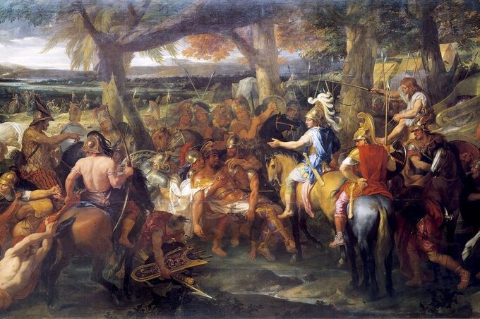 Bitwa między Aleksandrem Wielkim a Porusem nad rzeką Hydaspes w Indiach. Mal. Charles Le Brun (XVII w)