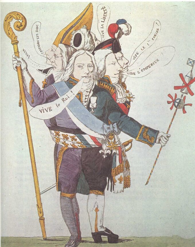 "Człowiek o sześciu głowach" - karykatura z 1815 roku drwiąca z faktu, że Talleyranda służył sześciu reżimom.
