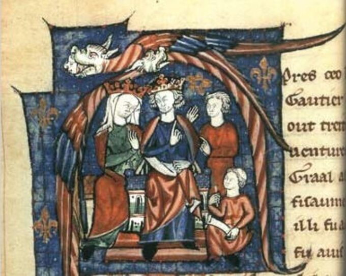 Jan bez Ziemi z rodzicami, Eleonorą Akwitańską i Henrykiem II