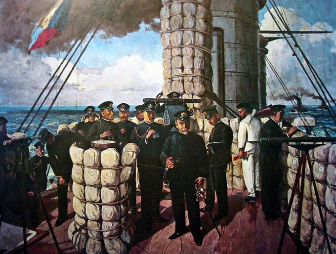 Admirał Heihachirō Tōgō na mostku flagowego pancernika Mikasa