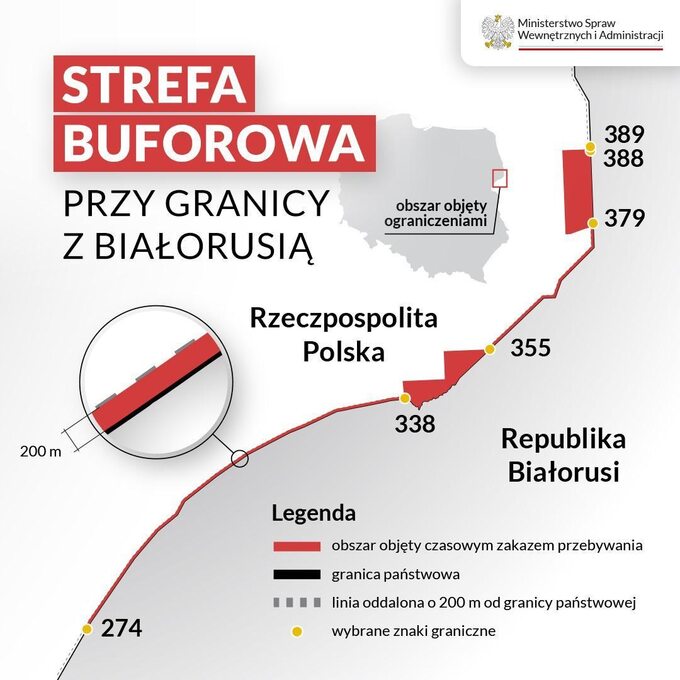 Zasięg strefy buforowej na granicy polsko-białoruskiej