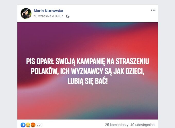 Wpis Marii Nurowskiej na Facebooku