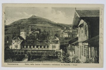 Szczawnica -&nbsp;plac Dietla, wille Janina i&nbsp;Ukrainka z&nbsp;widokiem na&nbsp;Bryjarke i&nbsp;Krzyż, 1928