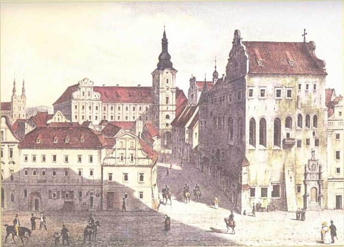Poznań. Litografia z 1833 r. — po prawej Pałac Górków, na środku dawne kolegium jezuickie, po lewej w tle kościół Bernardynów