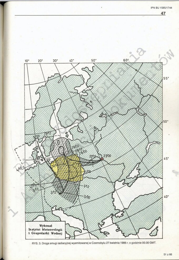 Mapa trajektorii chmury radioaktywnej z Raportu Komisji Rządowej po katastrofie w Czarnobylu