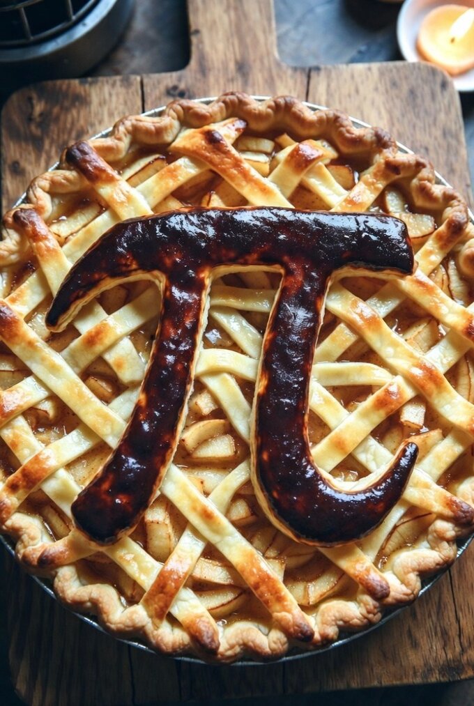 Liczba Pi i&nbsp;ciasto jabłkowe (apple pie). Grafika wygenerowana przez AI (Grok)