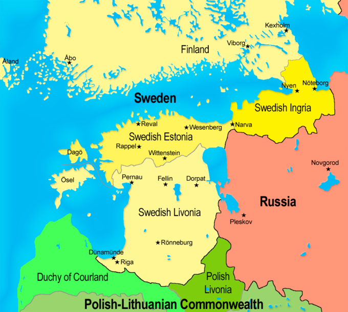 Inflanty - podział na Inflanty Szwedzkie (Swedish Livonia) i Inflanty Polskie (Polish Livonia)
