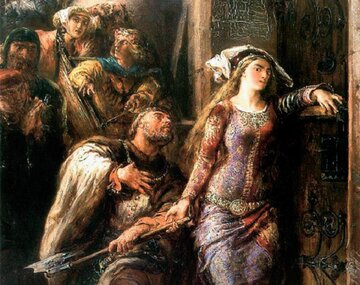 Fragment obrazu Jana Matejki &bdquo;Kr&oacute;lowa Jadwiga i&nbsp;Dymitr z&nbsp;Goraja&rdquo;, 1882&nbsp;r., olej/tektura, 46 x 38 cm