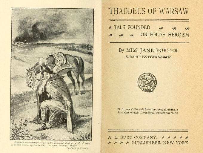 Strona tytułowa powieści Jane Porter, "Thaddeus of Warsaw: a tale founded on Polish heroism", New York, ok. 1910, University of California