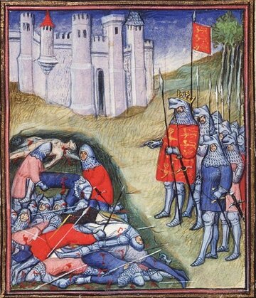 Kr&oacute;l Anglii Edward III&nbsp;liczy poległych na&nbsp;polu bitwy pod&nbsp;Cr&eacute;cy. Ilustr. Jean Froissart