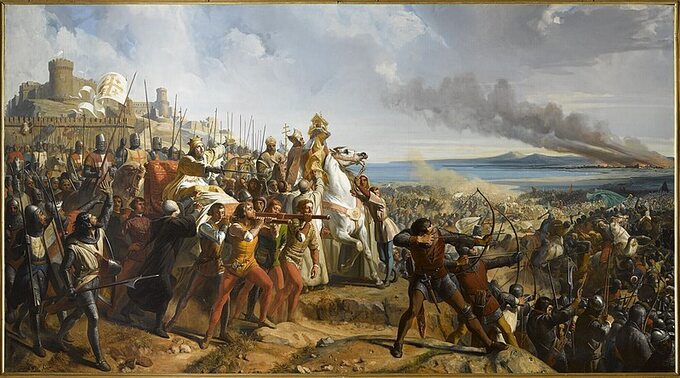 Bitwa pod Montgisard pomiędzy wojskami Królestwa Jerozolimskiego a siłami egipskich Ajjubidów , mal. Philippe Larivière