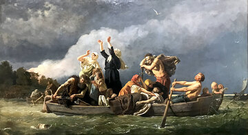 Wojciech Gerson, &bdquo;Bez ziemi. Pomorzanie wyparci przez Niemc&oacute;w na&nbsp;wyspy Bałtyku&rdquo;, 1888 rok, olej/pł&oacute;tno; wymiary: 114,5 x 207 cm, Muzeum Narodowe w&nbsp;Szczecinie.