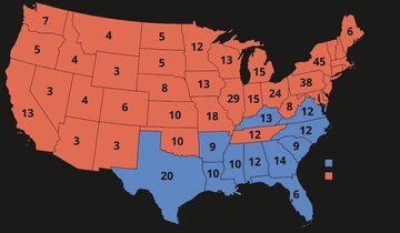 Mapa wyborcza USA w&nbsp;1920 roku. Czerwone wygrana Hardinga. Niebieskie wygrana Coxa. Liczba na&nbsp;poszczeg&oacute;lnych stanach określa liczbę Elektor&oacute;w