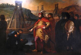 Bolesław I&nbsp;Chrobry rozkazuje wbić słupy graniczne na&nbsp;Łabie i&nbsp;Soławie, obraz J&oacute;zefa Peszki