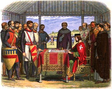 Jan bez Ziemi podpisuje Wielką Kartę Swob&oacute;d -&nbsp;wizja artystyczna. Rys. James William Edmund Doyle