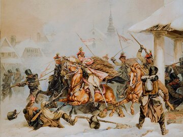 Akwarela Juliusza Kossaka "Szarża krakus&oacute;w na&nbsp;Rosjan w&nbsp;Proszowicach 1846"