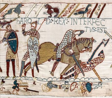 Śmierć kr&oacute;la Harolda w&nbsp;bitwie pod&nbsp;Hastings. Fragment z&nbsp;Tkaniny z&nbsp;Bayeux