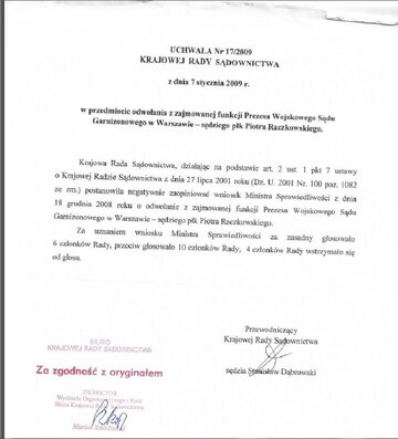 Odpowiedz KRS na&nbsp;wniosek ws odwolania sędziego Raczkowskiego