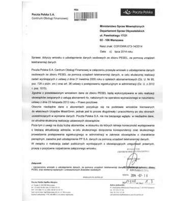 Ludzie Tuska przekazali Poczcie numery PESEL &ndash; dokument 1