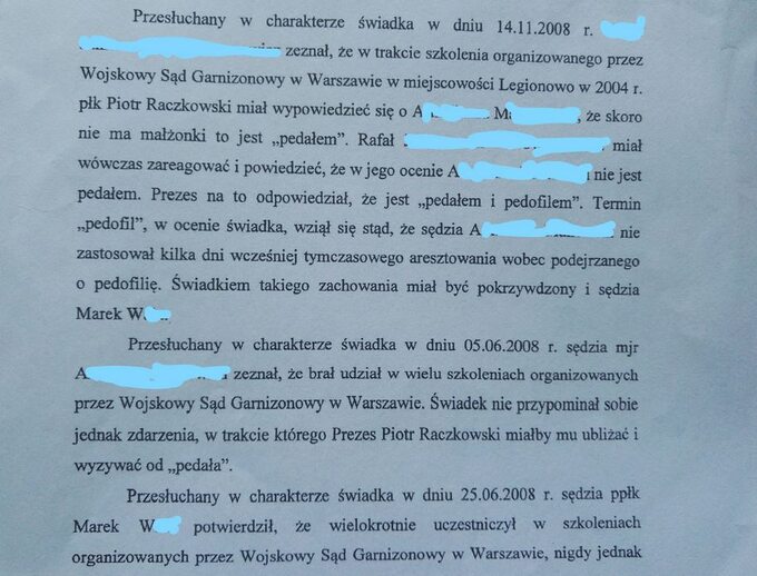 Fragmenty z uzasadnienia Okręgowej Prokuratury Wojskowej w Poznaniu ws umorzenia niektórych z postępowań dotyczących sędziego Piotra Raczkowskiego