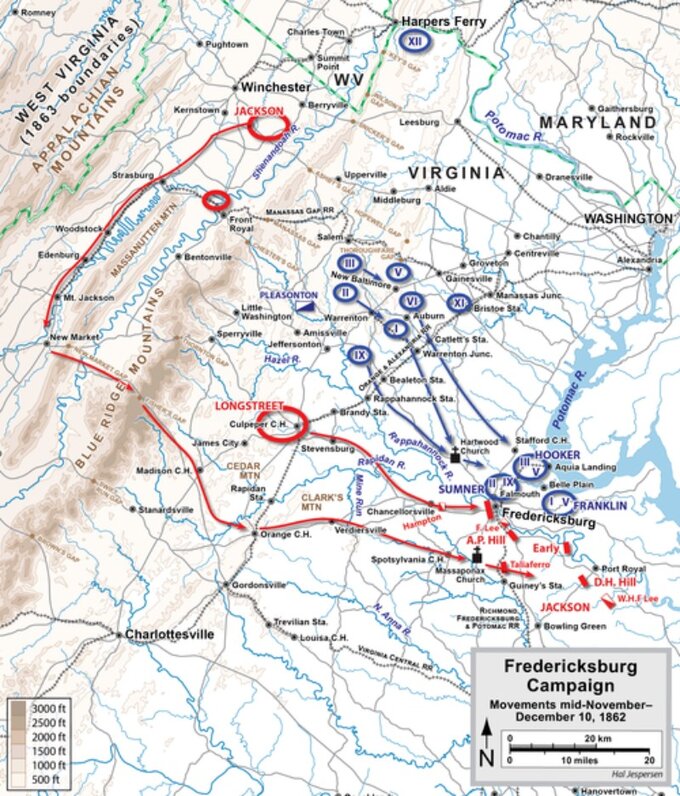 Wojna secesyjna. Mapa kampanii fredericksburskiej - stan do 10 grudnia