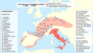 Zasięg kultury magdaleńskiej w&nbsp;Europie (kolor blador&oacute;żowy)i jej gł&oacute;wne stanowiska archeologiczne