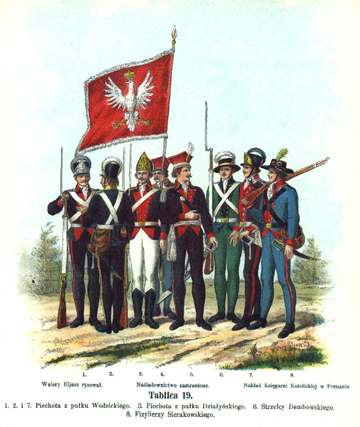 Polska piechota z&nbsp;wojny polsko-rosyjskiej z&nbsp;flagą 1794