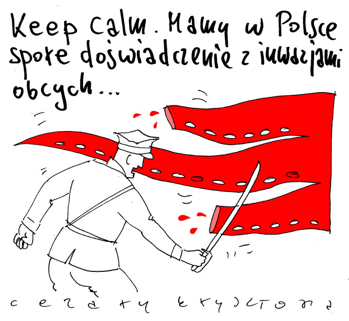 Keep calm, inwazja obcych. Rysunek Cezarego Krysztopy