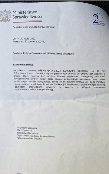 Pismo z&nbsp;Ministerstwa Sprawiedliwości