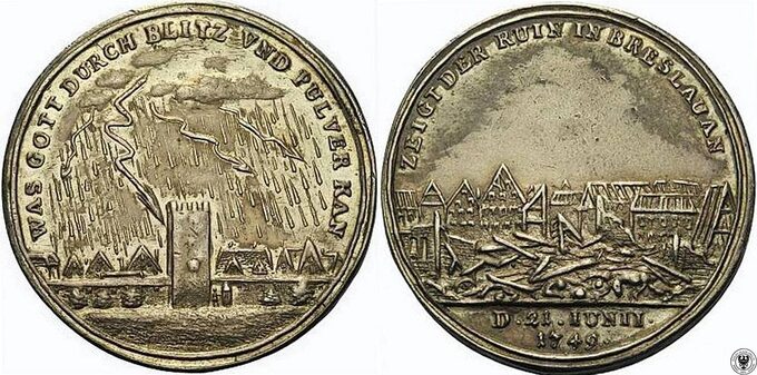 Medal wybity w celu upamiętnienia tragedii, jaką był wybuch Wieży Prochowej we Wrocławiu w 1749 roku