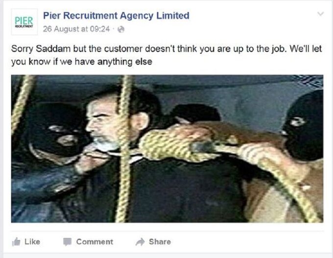Zdjęcie z egzekucji irackiego dyktatora Saddama Hussajna użyty w reklamie.