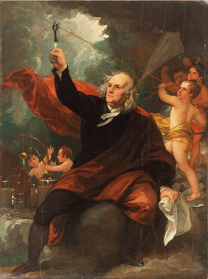 Benjamin Franklin czerpiący prąd z nieba , mal. Benjamin West