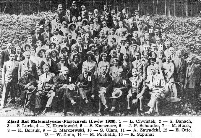 Stanisław Ulam wśród lwowskich matematyków (zdjęcie z 1930, Ulam jest oznaczony numerem 10)