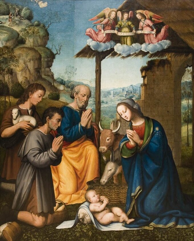 Pokłon pasterzy (Adoracja Dzieciątka przez Marię, św. Józefa i pasterzy)
Przypisywany Tommaso di Stefano Lunettiemu